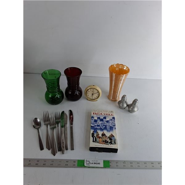 Big Chill VHS, Salt and Pepper Shakers, Vintage Alarm Clock, (3) Glass Vases, Cutlery (7)
