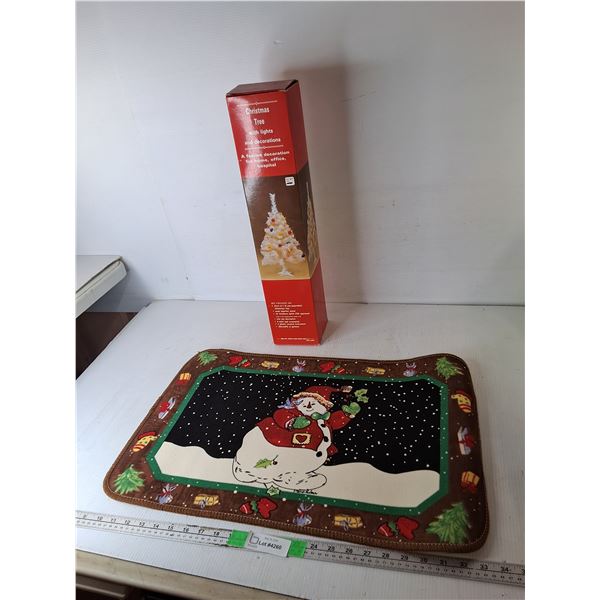 Snowman Floor Mat 25.5" x 16.5" & 2 Ft. Lighted Christmas Tree- Powers On, Can't Ship