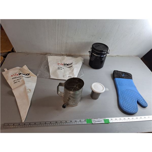 (2) Pastry Bags, Silicone Oven Mitt, Measuring Sifter, Misc.
