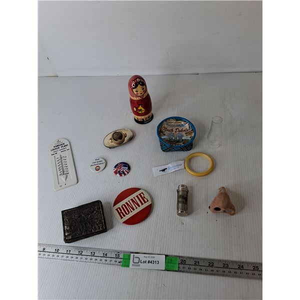 Gem Style Belt Buckle, North Dakota Ashtray, Russian Nesting Doll- As Is, Misc.