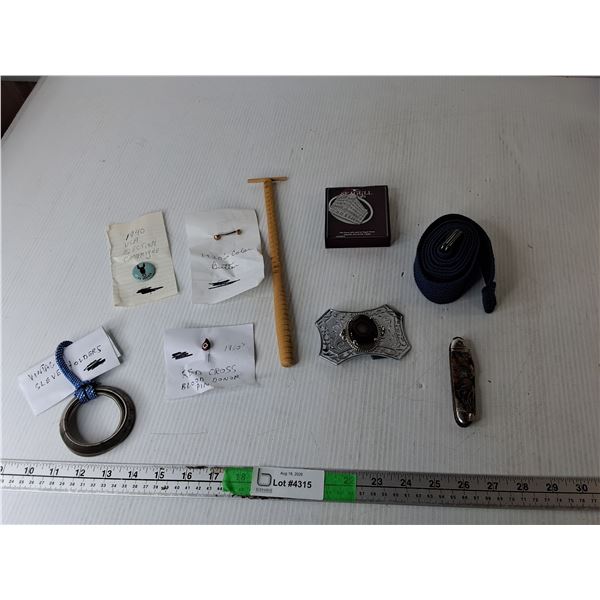 Pocket Knife, Gem Style Belt Buckle, Wooden Dibber, Misc.