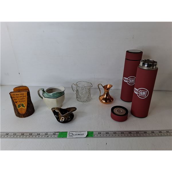 (2) Stainless Steel Water Bottles, Creamers, Napkin Holder, Misc.