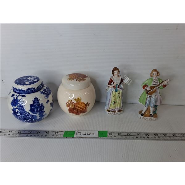 Ceramic Victorian Style Figurines 6.5" & (2) Ginger Jars