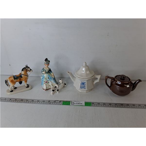 (2) Ceramic Teapots, Horse & Lady Figurines Up to 7"