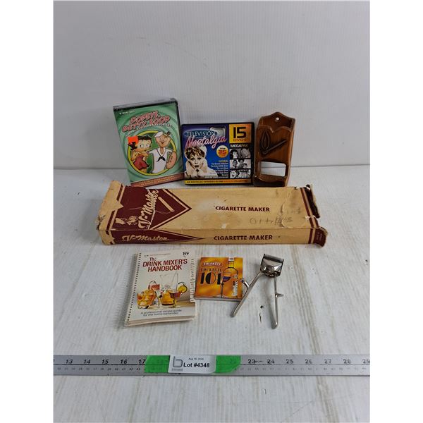 Vintage Cartoon & TV Show DVDs, Drink Mixing Books, Adjustable Cigarette Maker, Misc.