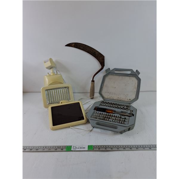 Vintage Handheld Sickle, Ratcheting Screwdriver/ Socket Set, Solar Powered Motion Light- Not Tested