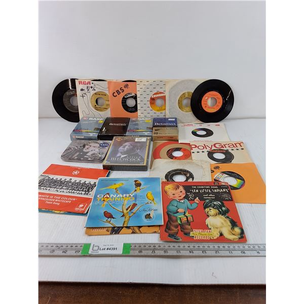 (16) 45 RPM Records, (4) Beta Tapes, Misc