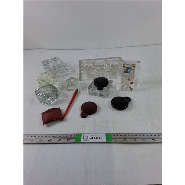 (6) Glass Ink Wells, Fountain Pen, Paper Weight