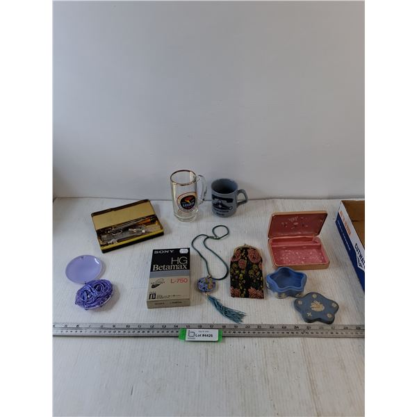 (2) Cups, Coinpurse, Math Instruments, Sealed Sony Betamax Video Cassette