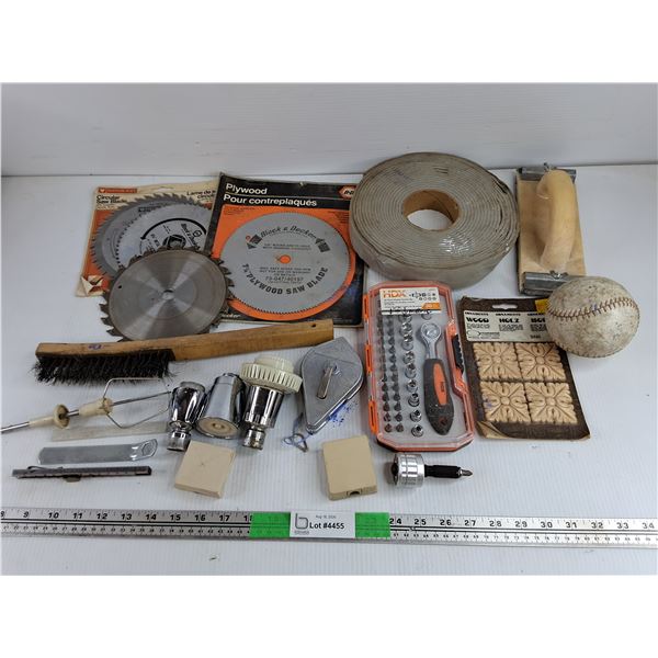 Circular Saw Blades, Chalk Line, Metal Brush, Baseball, Stubby Socket Set, Wood Ornaments, Misc