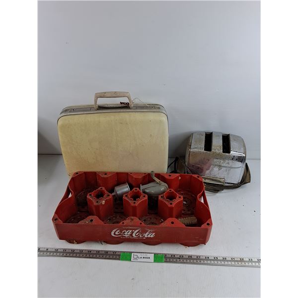 Sunbeam Radiant Control Toaster, Vintage Briefcase, Coca Cola Bottle Tray, Funnel, Misc