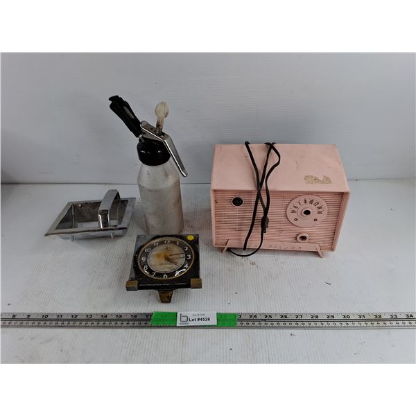 Whipped Cream Dispenser, Vintage RCA Victor Radio, Westclox Clock & Toilet Paper Holder