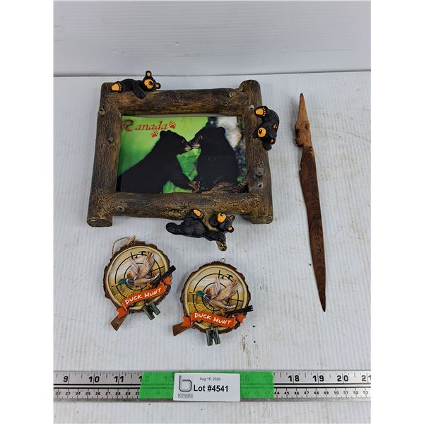 Framed Wall Art Bear Print, (2) Duck Hunt Ornaments & Carved Wood Letter Opener