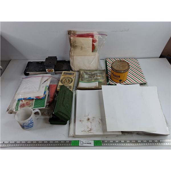Milk Glass Mug, Singer Buttonholler, Envelopes, Multimeter, Misc