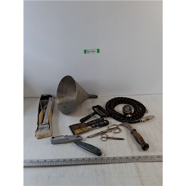 Metal Funnel, (2) Box Cutters,, (2) Paint Scrapers, (2) Shears, Tire Pressure Gauge