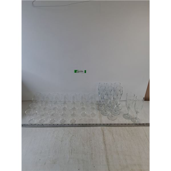 (26) Small Cups, (9) Drink Flutes, (2) Heavier Flutes All Glass