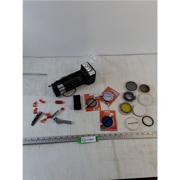 Camera Flash Gun, Assorted Optical Filters, (2) Nail Clippers, (5) Red Army Guys