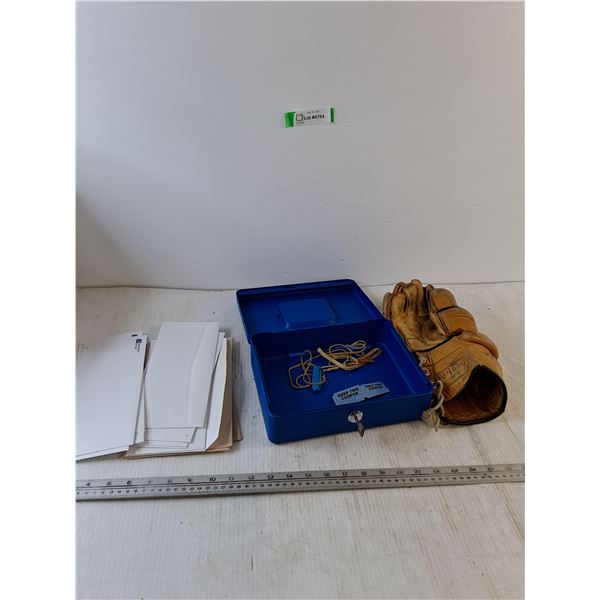 Blue Tackle Box with Key, Empty Envelopes, Hockey Mitt