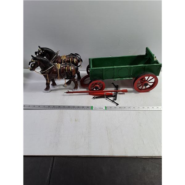 Horse Drawn Wooden Farm Wagon with (2) Model Clydesdale Horses-Wagon Needs Assembling