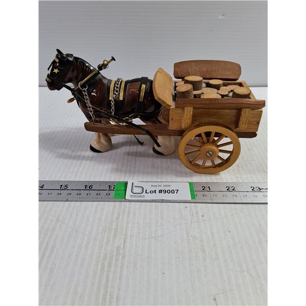 Vintage Ceramic Shire Horse Figurine w/Rustic Wooden Wagon Filled with Logs-9" long