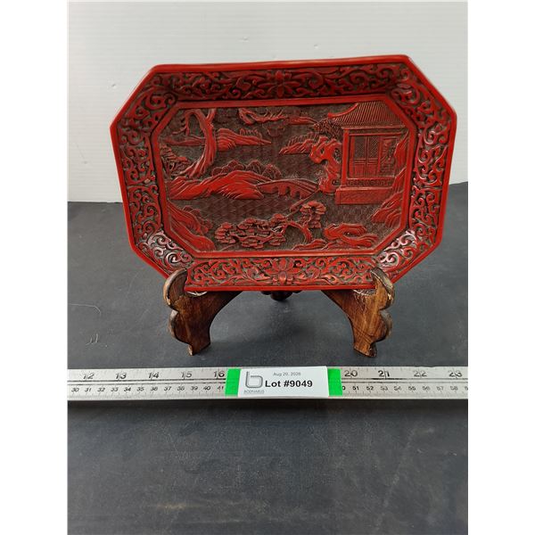 Vintage Chinese Cinnabar-Style Lacquer Landscape Tray-Octagon Shape-9.7"x6.7"