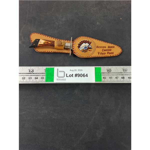 Vintage Souvenir Knife from Yoho National Park with painted leather Sheath and faux bone handle-7"