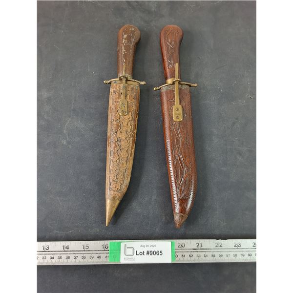 (2) Vintage Hand-Carved Indian Souvenir Daggers,Featuring Curved Blades in Carved Wooden Sheaths