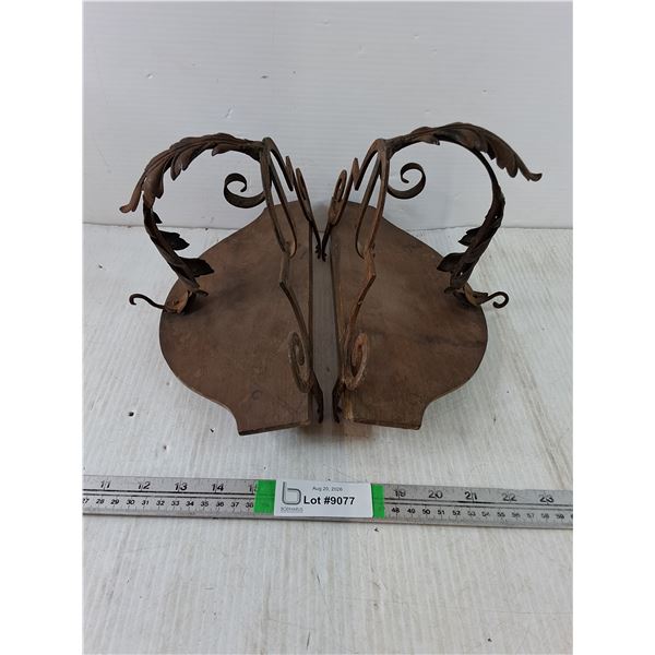 (2) Vintage Rustic Wooden Shelf Supported by Ornate Iron Foliage