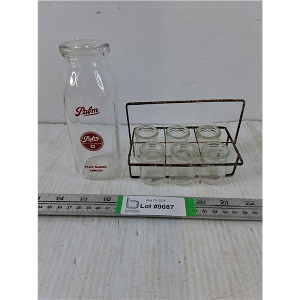 Vintage Palm Dairies Milk Bottle and Rustic Metal Carrier with Small Glass Bottles