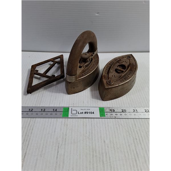 (2) Vintage Sad Irons-One with Handle and Trivet
