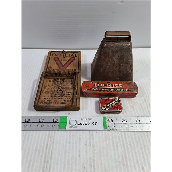 Vintage Lot-weasel Trap,Bell,Bike Repair Tin,Medicinal Tin