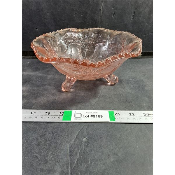 Vintage Fenton "Stag and Holly" Three Footed Pink Bowl
