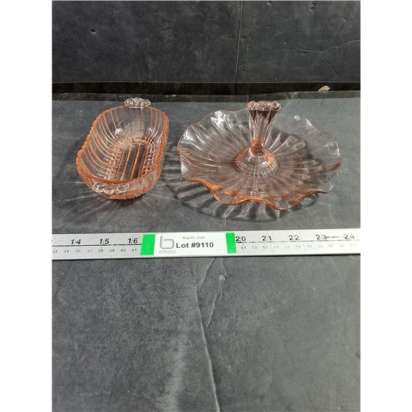 (2) Pink Depression Glass-Olive/Relish Dish and Fluted Candy Dish