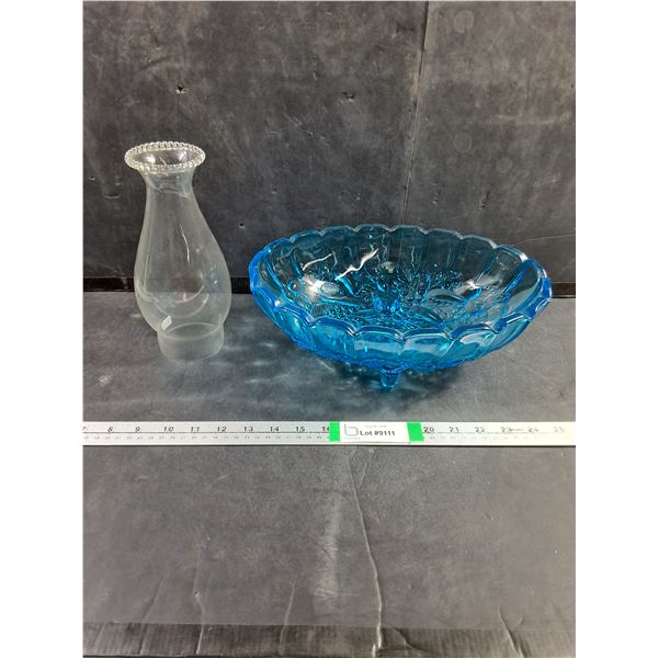 Vintage Indiana Glass 'Harvest Grape" Footed Fruit Bowl and Oil Lantern Chimney