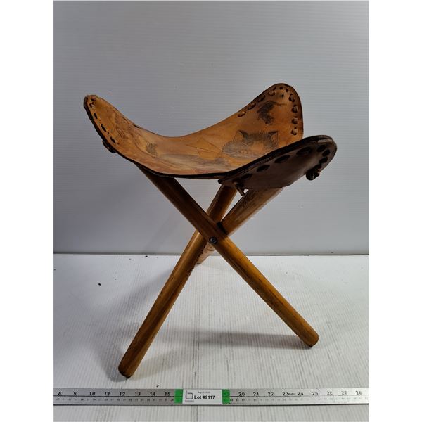 Vintage Hand Tooled Leather Tripod Stool Featuring a Hand Painted Cat on the Seat