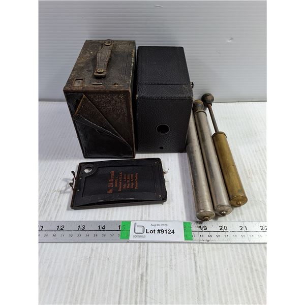 (2) Vintage Kodak Brownie Cameras and (3) Hand Pumps (maybe Coleman)