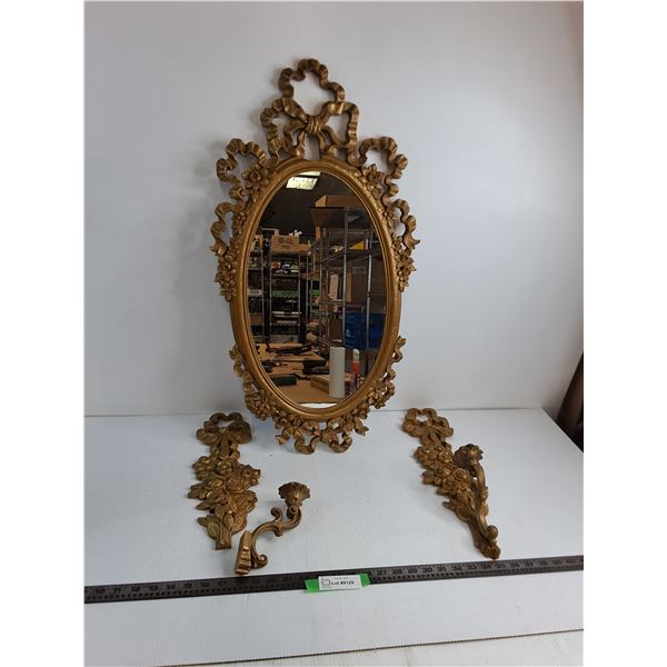 Baroque 1969 30" Mirror w/Matching Candle Sconces (1 Needs Repair) - Cannot Ship