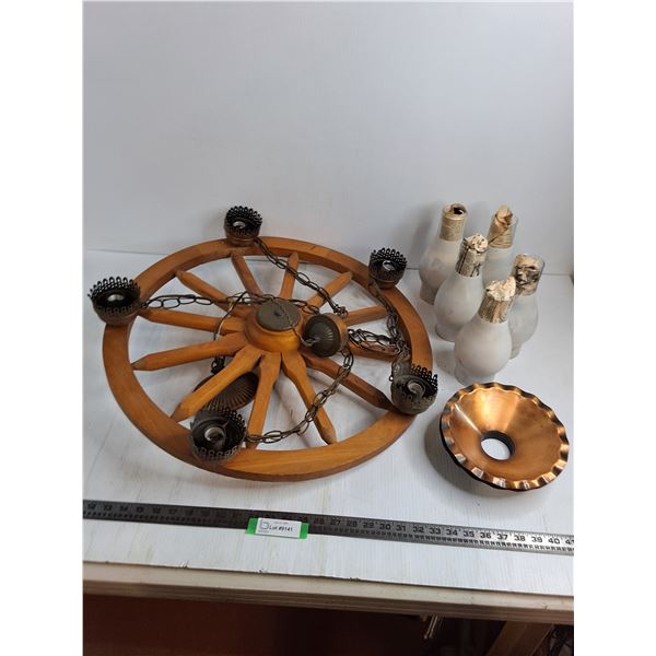 Vintage Hanging Wooden Wagon Wheel 5-Light Fixture - 25" Diameter