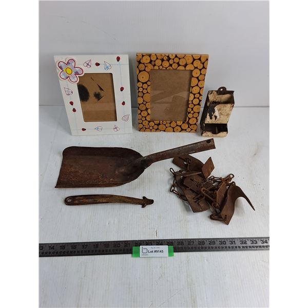 Vintage Coal Shovel Head, Cow Kickers, Match Box, Picture Frames