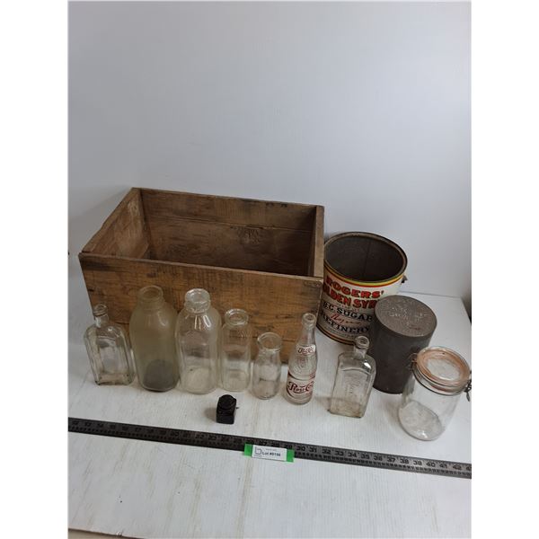 Vintage 20x13x11" Wooden Crate, Assorted Glass Bottles & Tins - Cannot Ship