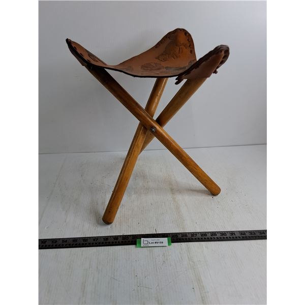 Vintage 3-Legged Wooden Stool w/Leather Seat featuring Cats