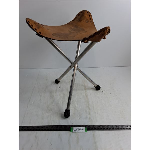 Vintage 3-Legged Metal Stool w/Leather Seat featuring Dogs