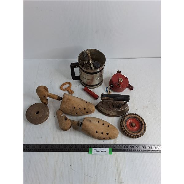 Vintage Lot - Shoe Stretchers, Sad Iron, Flour Sifter, Toy Pieces