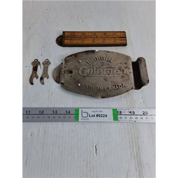 Vintage Coleman Trivet,Folding Ruler and (2) Bottle Openers with Advertising