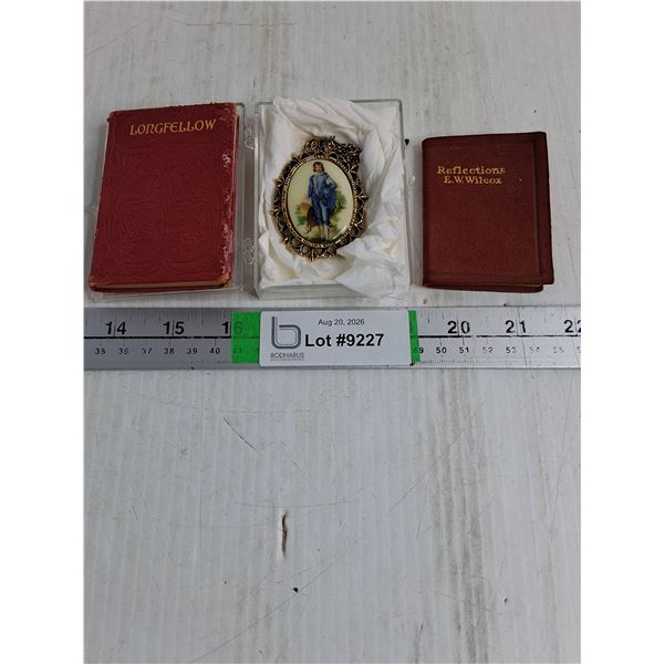 Antique Miniature "Longfellow" Book,Miniature "Reflections" Book,Porcelain Brooch