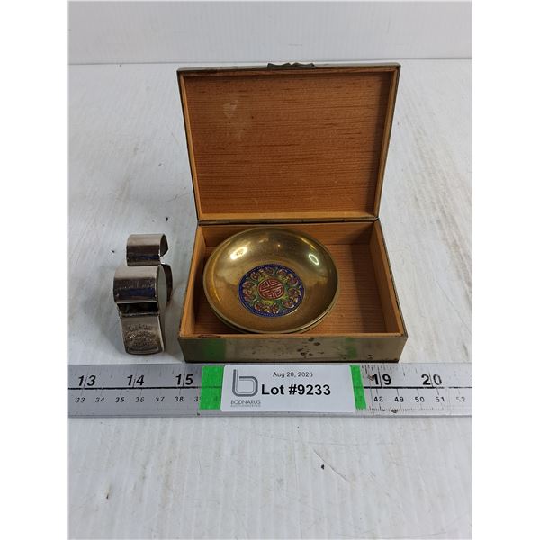 Vintage Chinese Brass Trinket Dish with Container, Vintage Referee Whistle
