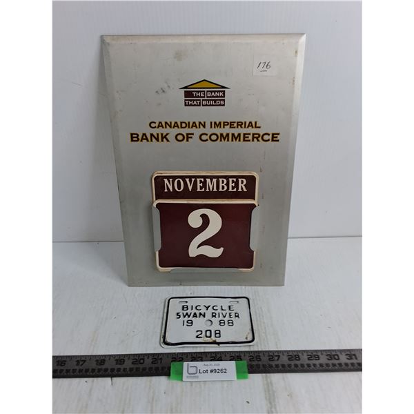 Vintage CIBC Date Plaque, Swan River Bicycle License Plate