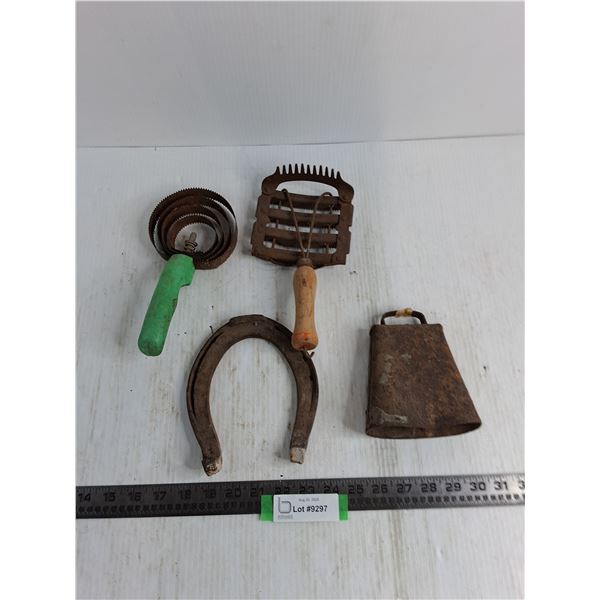 Antique Curry Combs, Horseshoe, Cow Bell