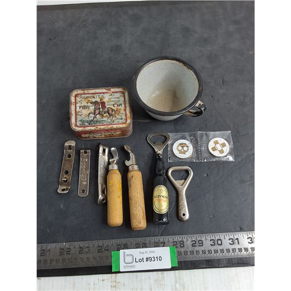 Vintage Can Openers, Repeater Tin, Enamel Cup, Pokemon Pogs