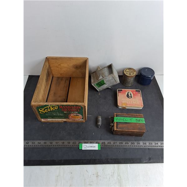 Wooden Crate, Bird Feeder, Tins, Electronic Tube, Model T Part